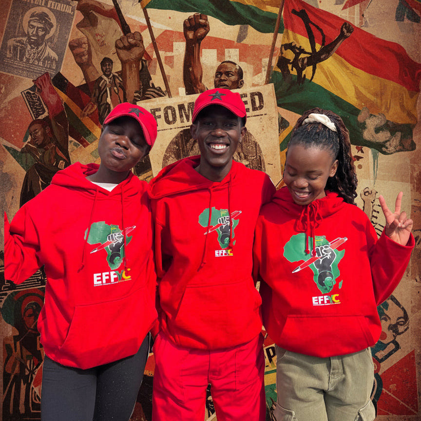 Three people wearing red hoodies with a logo and text on a red background